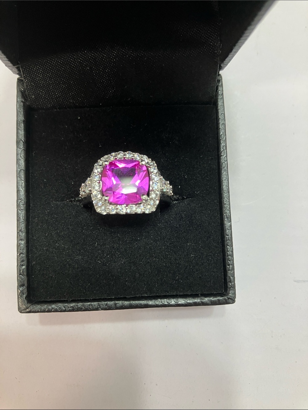 Gold Coast Platinum Plated Silver Halo Ring with Fuchsia Cushion Stone Suze 6